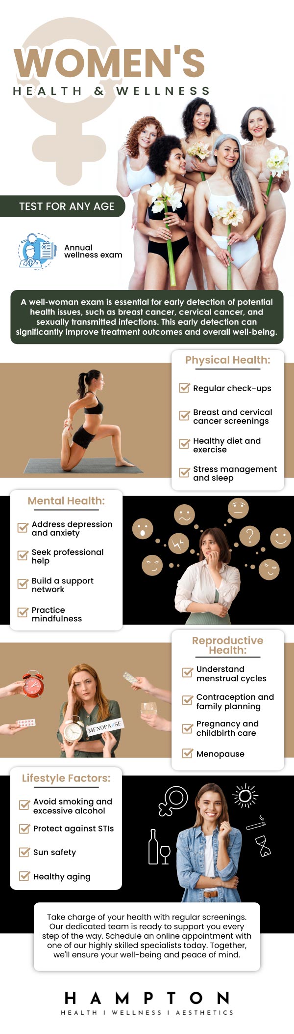 Women's health refers to a broad spectrum of specialized treatment that is tailored to meet the specific requirements of women at every stage of life, including menopause and reproductive health. Women's health should be prioritized since it guarantees early problem identification, prevention, and treatment, which enhances general well-being and long-term vitality. Visit Duane Hampton, NP, and Jeannie Ocasio-Hampton, NP, for personalized treatment at Hampton Health Wellness Aesthetics. We are conveniently located at 2543 Route 52 Hopewell Junction, NY 12533. For more information, contact us or request an appointment online.