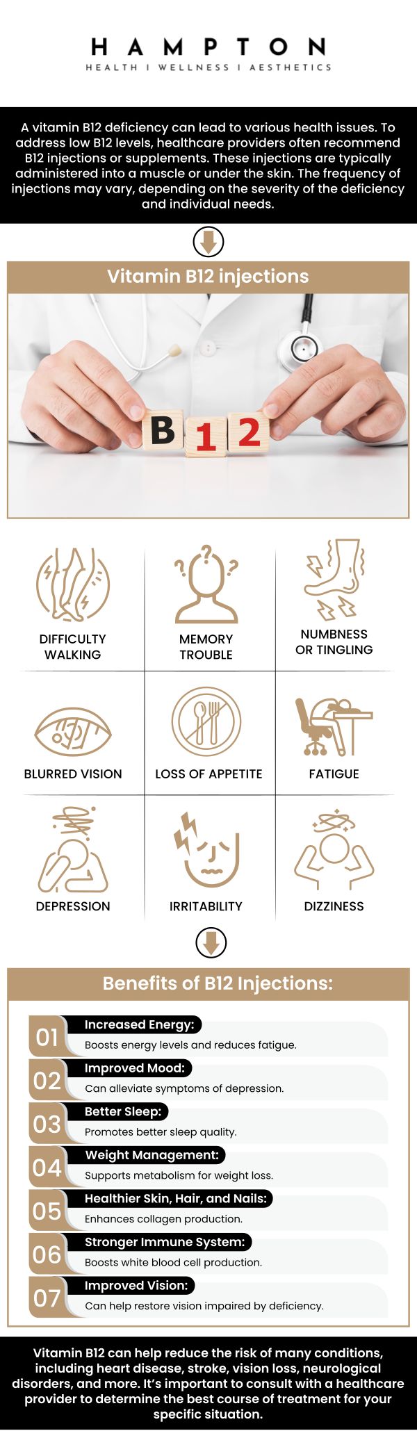At Hampton Health Wellness Aesthetics, we prioritize personalized care and optimal nutrient balance to support your overall well-being. One of the key ways we help our patients is through Vitamin B12 injections, which offer numerous benefits, especially for those with a deficiency. These injections can boost energy levels, enhance mood, improve cognitive function, and support a healthy immune system, helping you feel your best every day. Visit Duane Hampton, NP, and Jeannie Ocasio-Hampton, NP, for optimal health. We are conveniently located at 2543 Route 52 Hopewell Junction, NY 12533. For more information, contact us or book an appointment online.