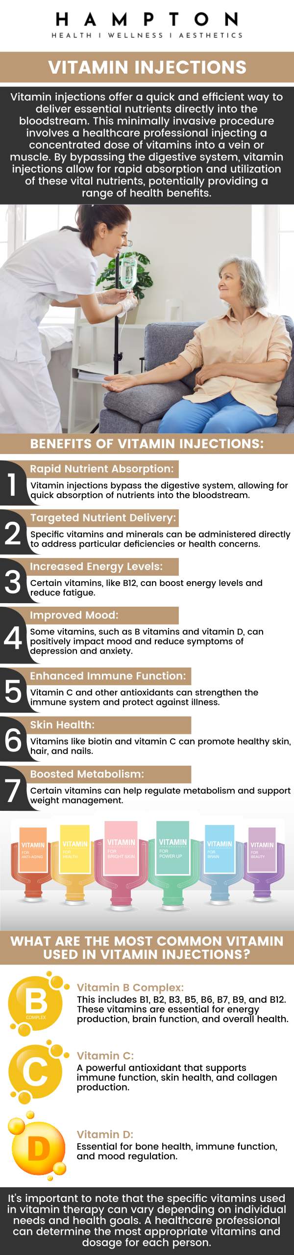 Vitamin injections provide a quick way to boost essential nutrients, supporting overall health. It is used to increase energy, improve immunity, enhance skin health, and better mood. By delivering vitamins directly into the bloodstream, they ensure faster absorption than oral supplements. Consult Duane Hampton, NP, and Jeannie Ocasio-Hampton, NP, to determine the right injections for your health goals. For more information, contact us or book an appointment online. We are conveniently located at 2543 Route 52 Hopewell Junction, NY 12533. Vitamin injections provide a quick way to boost essential nutrients, supporting overall health. It is used to increase energy, improve immunity, enhance skin health, and better mood. By delivering vitamins directly into the bloodstream, they ensure faster absorption than oral supplements. Consult Duane Hampton, NP, and Jeannie Ocasio-Hampton, NP, to determine the right injections for your health goals. For more information, contact us or book an appointment online. We are conveniently located at 2543 Route 52 Hopewell Junction, NY 12533.
