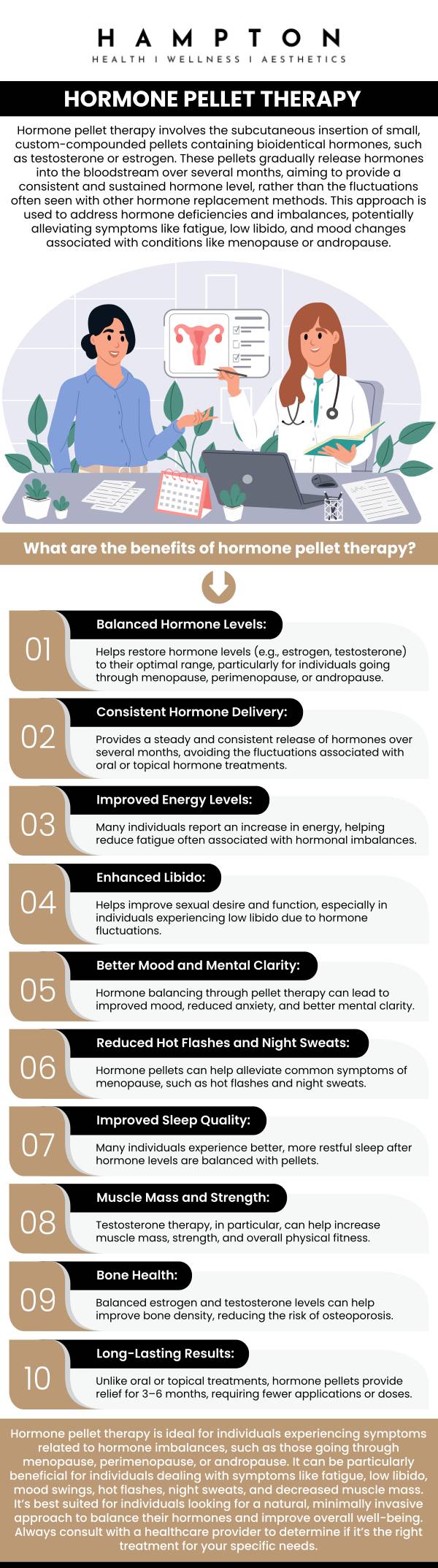 Common questions asked by patients: How does hormone pellet therapy provide steady hormone balance over time? What symptoms may improve with hormone pellet treatment? Who is a good candidate for hormone pellet therapy? What makes pellet therapy different from creams, patches, or injections? Duane Hampton, NP, and Jeannie Ocasio-Hampton, NP, and their team of compassionate, experienced medical professionals are ready to support your health journey. We are conveniently located at 2543 Route 52 Hopewell Junction, NY 12533. For more information, contact us or book an appointment online. We serve patients from Hopewell Junction NY, Stormville NY, Beekman NY, Wappingers Falls NY, Kent NY, Pawling NY, and surrounding areas.