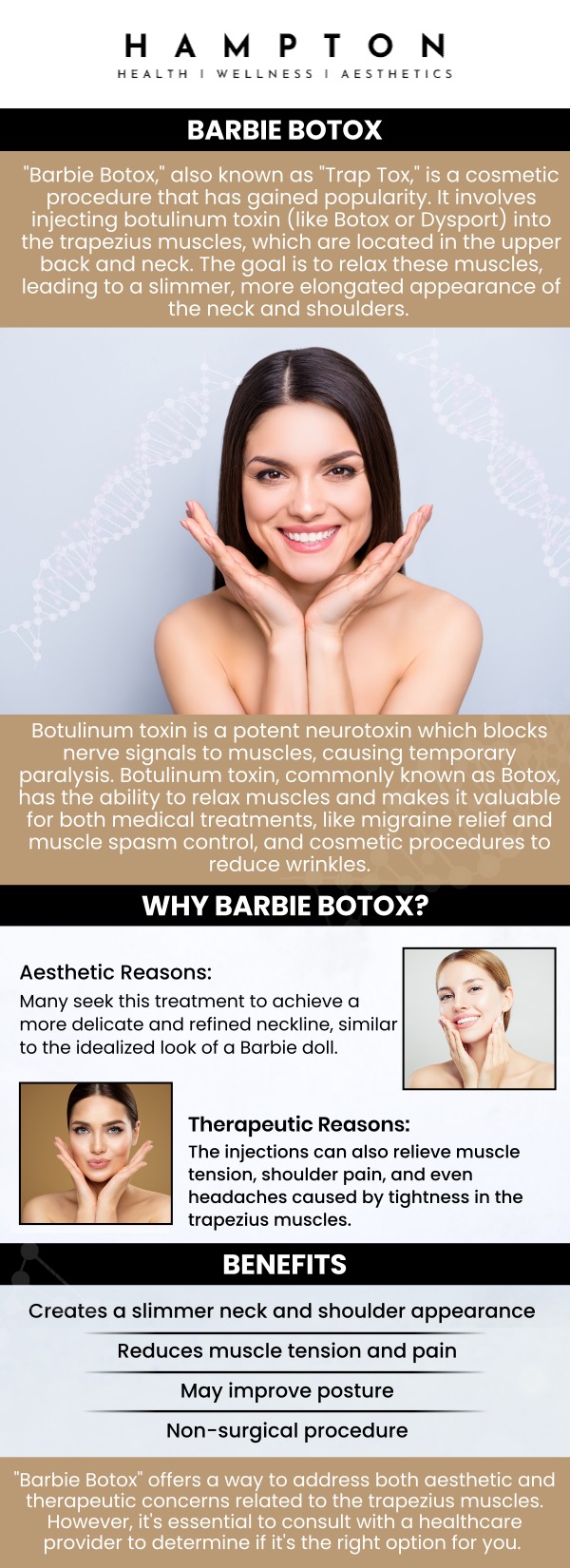 Traptox, popularly known as "Barbie Botox," is an innovative treatment that relaxes overactive trapezius muscles to alleviate neck and shoulder tension while creating a slimmer, more elongated neckline. For professional care in Hopewell Junction, NY, patients turn to Hampton Health Wellness, where Duane Hampton, NP, and Jeannie Ocasio-Hampton, NP, provide highly customized injection plans tailored to your unique anatomy. Their experienced, patient-centered approach ensures you receive safe, precise treatments that deliver both transformative aesthetic results and lasting physical comfort. For more information, contact us or book an appointment online. We are conveniently located at 2543 Route 52 Hopewell Junction, NY 12533. Traptox, popularly known as "Barbie Botox," is an innovative treatment that relaxes overactive trapezius muscles to alleviate neck and shoulder tension while creating a slimmer, more elongated neckline. For professional care in Hopewell Junction, NY, patients turn to Hampton Health Wellness, where Duane Hampton, NP, and Jeannie Ocasio-Hampton, NP, provide highly customized injection plans tailored to your unique anatomy. Their experienced, patient-centered approach ensures you receive safe, precise treatments that deliver both transformative aesthetic results and lasting physical comfort. For more information, contact us or book an appointment online. We are conveniently located at 2543 Route 52 Hopewell Junction, NY 12533.
