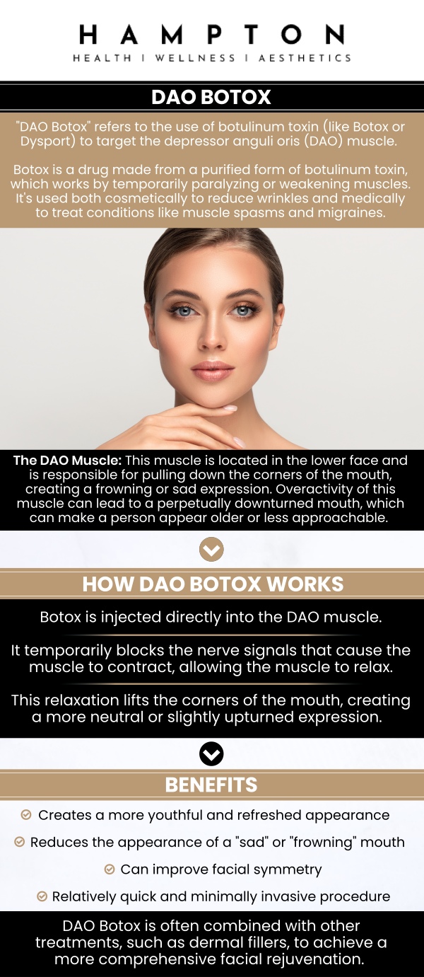 Common questions asked by clients: What should I expect during a DAO Botox treatment appointment? Can DAO Botox improve facial balance around the mouth and chin? Does DAO Botox require any downtime after treatment? How many Botox units may be needed for the DAO muscles? Will DAO Botox affect speaking, eating, or natural smiling? For more information, contact us or book an appointment online. We are conveniently located at 2543 Route 52 Hopewell Junction, NY 12533. We serve clients from Hopewell Junction NY, Stormville NY, Beekman NY, Wappingers Falls NY, Kent NY, Pawling NY, and surrounding areas. Common questions asked by clients: What should I expect during a DAO Botox treatment appointment? Can DAO Botox improve facial balance around the mouth and chin? Does DAO Botox require any downtime after treatment? How many Botox units may be needed for the DAO muscles? Will DAO Botox affect speaking, eating, or natural smiling? For more information, contact us or book an appointment online. We are conveniently located at 2543 Route 52 Hopewell Junction, NY 12533. We serve clients from Hopewell Junction NY, Stormville NY, Beekman NY, Wappingers Falls NY, Kent NY, Pawling NY, and surrounding areas.