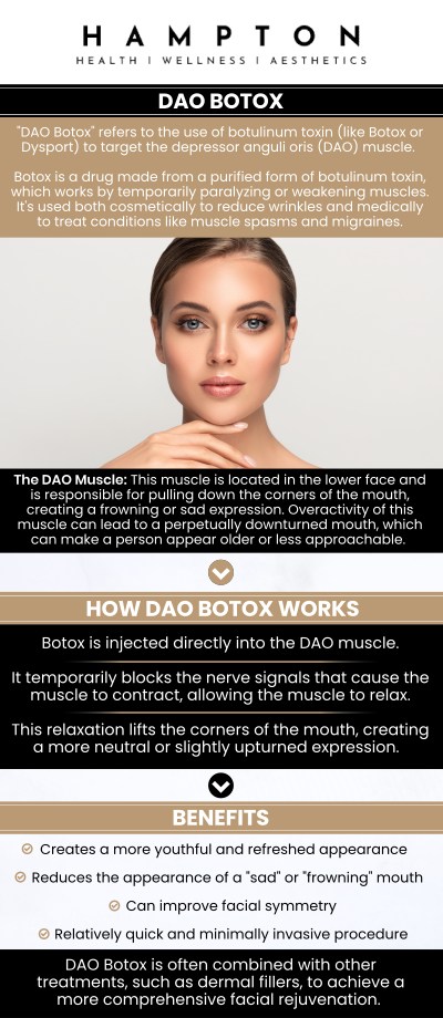 Common questions asked by clients: What should I expect during a DAO Botox treatment appointment? Can DAO Botox improve facial balance around the mouth and chin? Does DAO Botox require any downtime after treatment? How many Botox units may be needed for the DAO muscles? Will DAO Botox affect speaking, eating, or natural smiling? For more information, contact us or book an appointment online. We are conveniently located at 2543 Route 52 Hopewell Junction, NY 12533. We serve clients from Hopewell Junction NY, Stormville NY, Beekman NY, Wappingers Falls NY, Kent NY, Pawling NY, and surrounding areas. Common questions asked by clients: What should I expect during a DAO Botox treatment appointment? Can DAO Botox improve facial balance around the mouth and chin? Does DAO Botox require any downtime after treatment? How many Botox units may be needed for the DAO muscles? Will DAO Botox affect speaking, eating, or natural smiling? For more information, contact us or book an appointment online. We are conveniently located at 2543 Route 52 Hopewell Junction, NY 12533. We serve clients from Hopewell Junction NY, Stormville NY, Beekman NY, Wappingers Falls NY, Kent NY, Pawling NY, and surrounding areas.